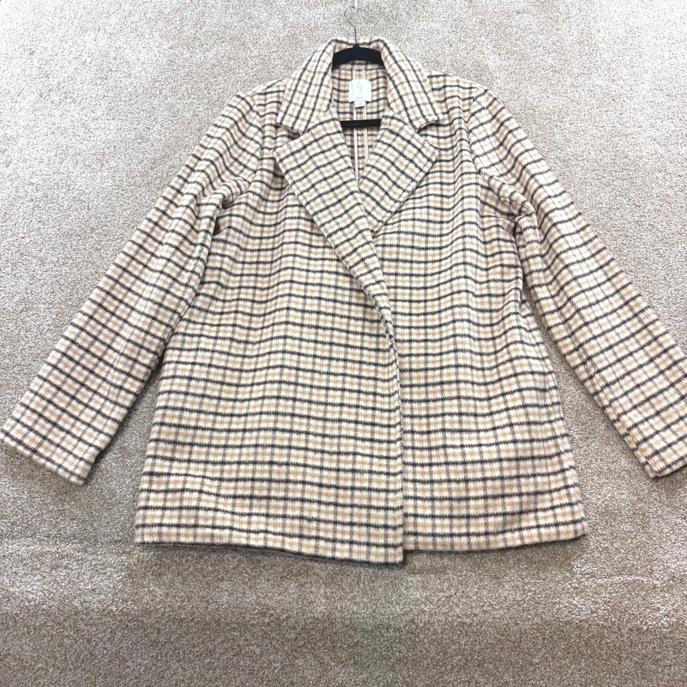 Joie Womens Plaid Notch Lapel Coat Tan Black Large Vintage Style Work Office Mod